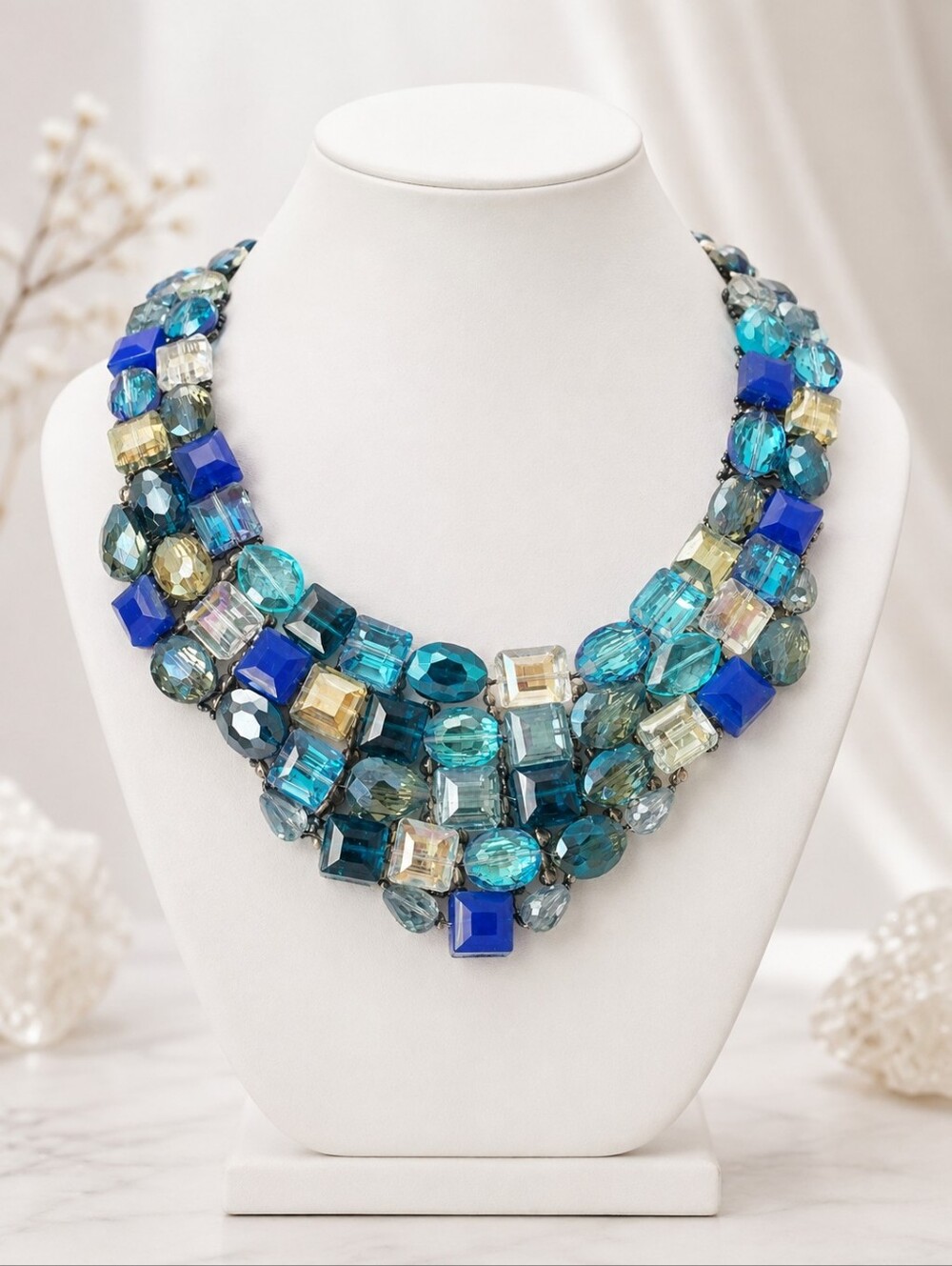 Crystallized Blue Nights 5-Layer Glass Beaded Statement Bib Necklace